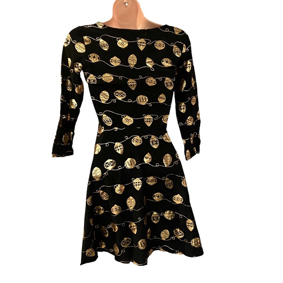 X-Mas Ornament Dress Gold Foil Black T-Shirt Dress Skater Short Fit & Flare Mini - Picture 4 of 11